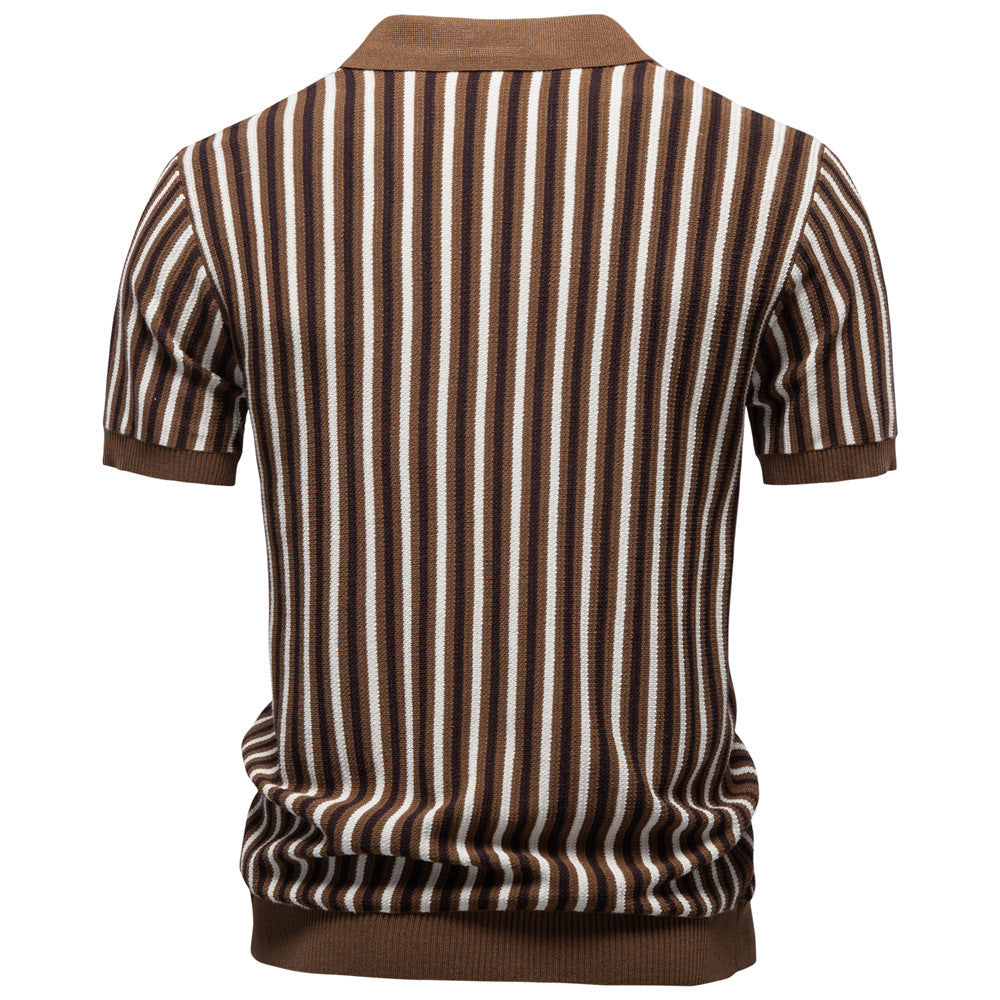 Summer New Notched Collar Stylish Striped Short-Sleeve Top