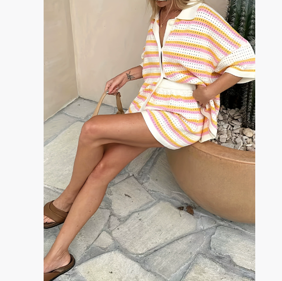 Lapel striped short-sleeved shirts and shorts