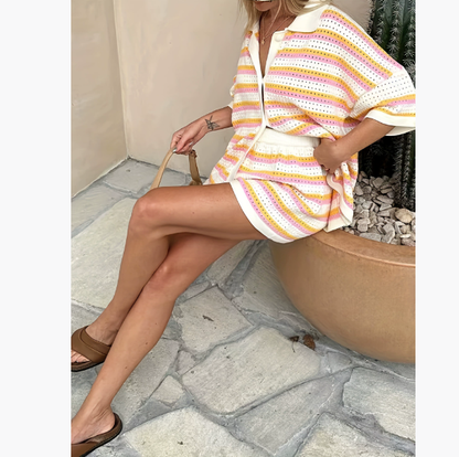 Lapel striped short-sleeved shirts and shorts