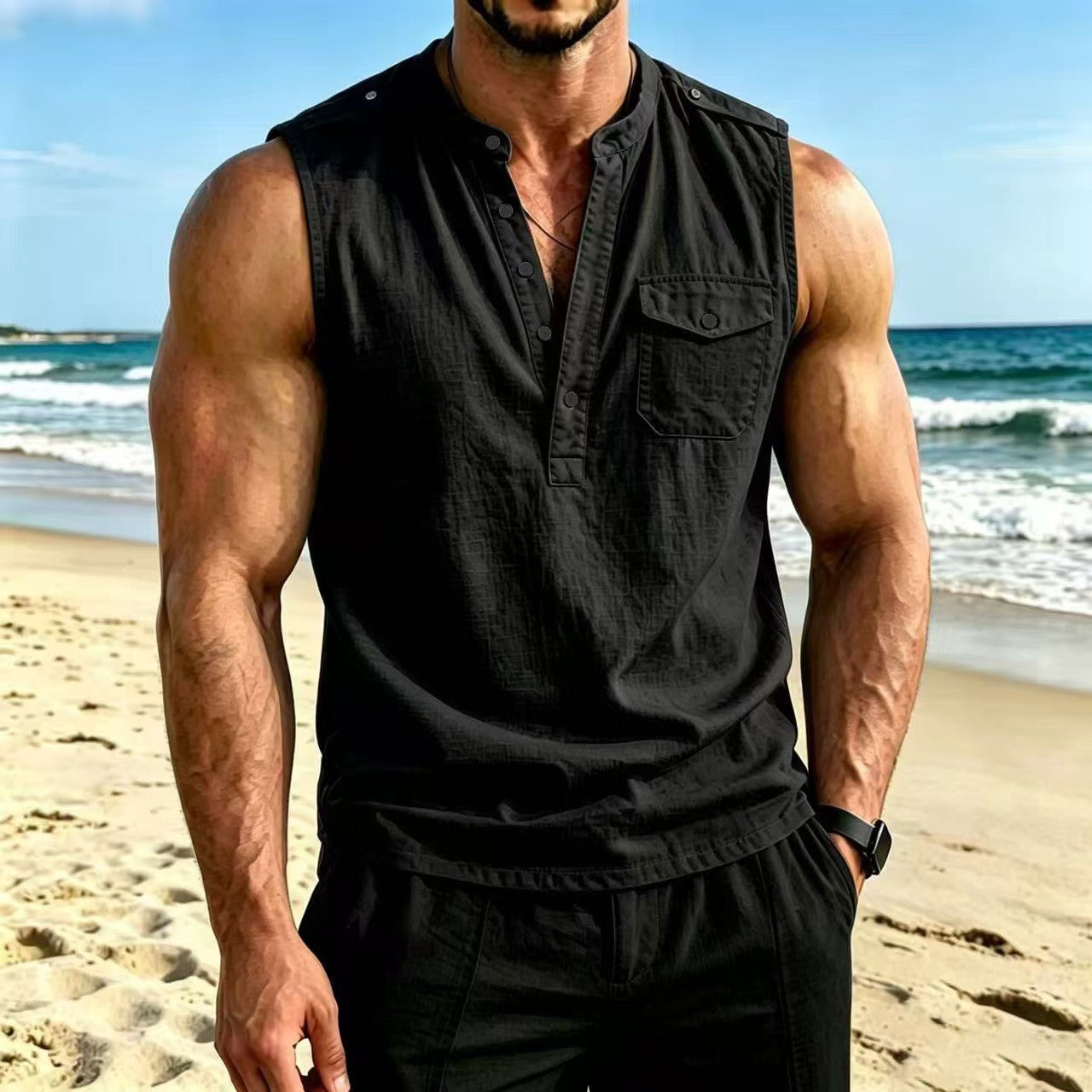 Men's Linen Sleeveless Vest with Button Pocket