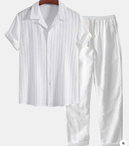 Mens Solid Color Short Sleeve Shirt and Pants Set