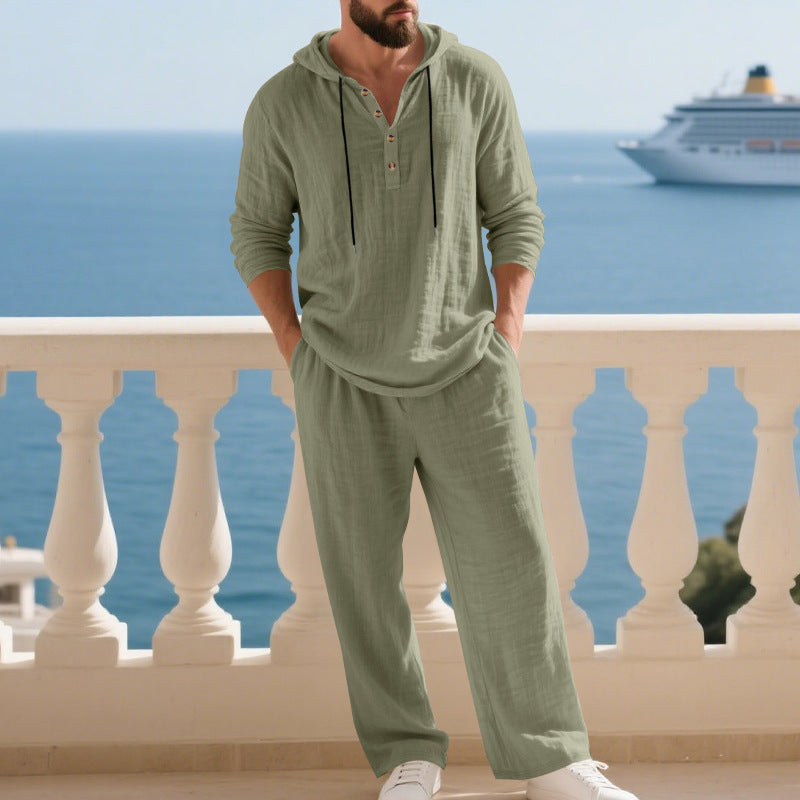 Mens Linen Hooded Sweatshirt and Pants Set