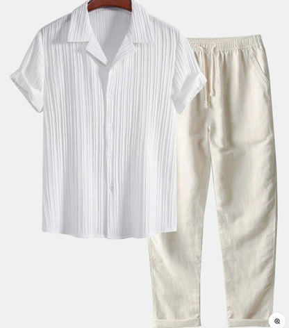 Mens Casual Short Sleeve Shirt and Long Pants Set