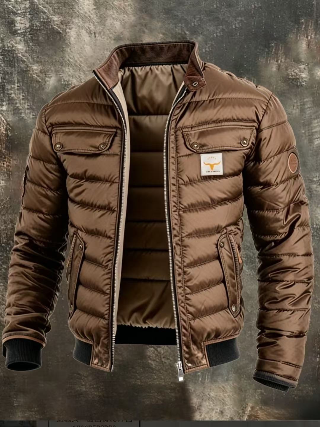 2026 Cross-Border Amazon Men's Vintage Leather Quilted Patchwork Warm Zipper Outdoor Jacket
