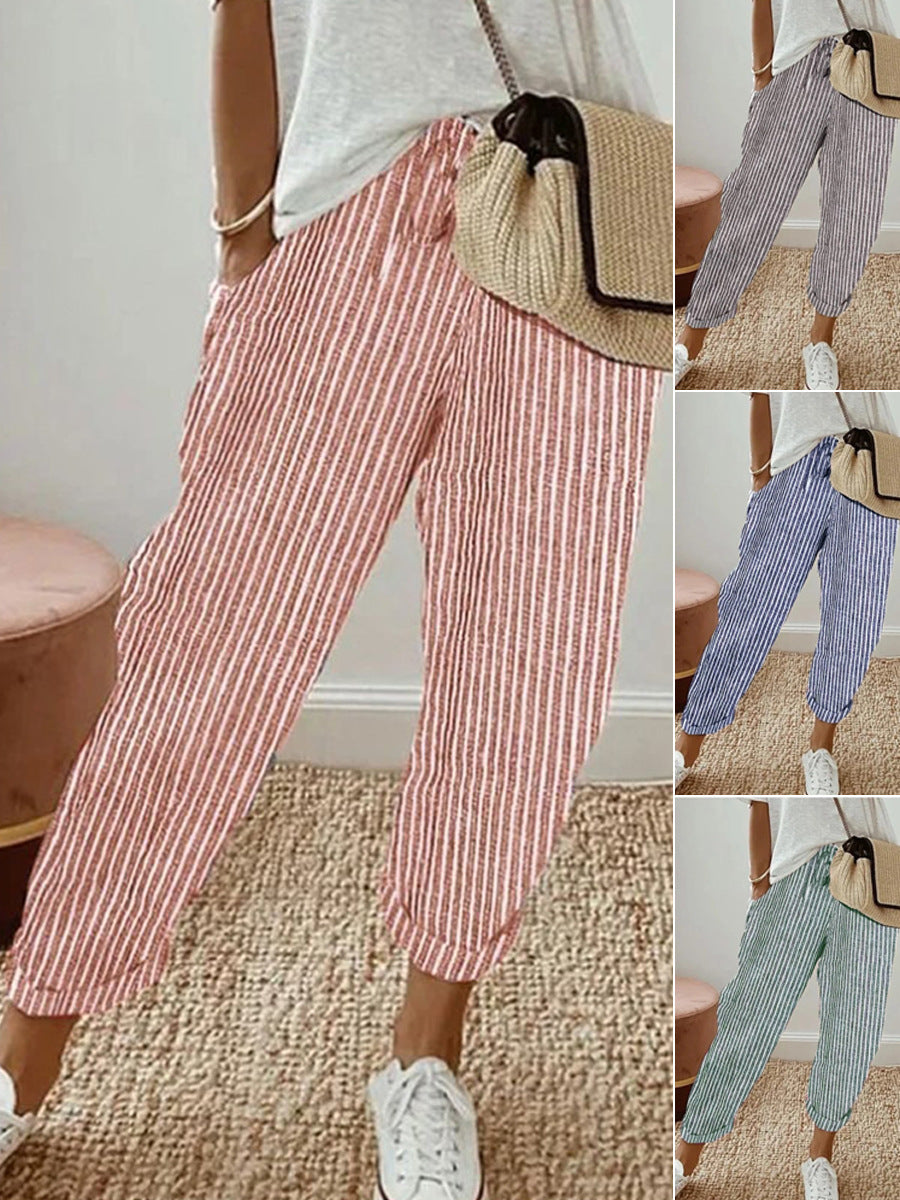 Womens Loose Striped Elastic Waist Pants