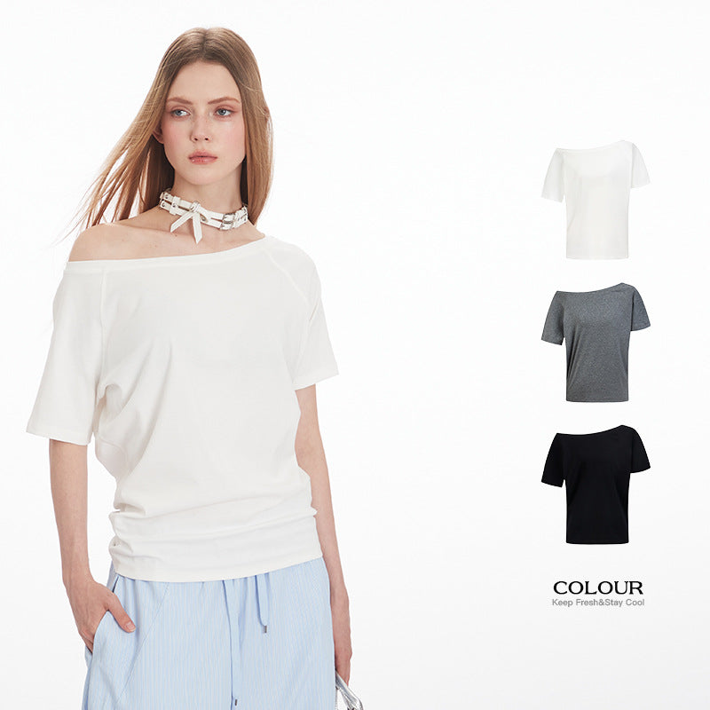 Irregular slanted collar off-the-shoulder short-sleeved shirts in summer