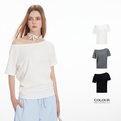 Irregular slanted collar off-the-shoulder short-sleeved shirts in summer