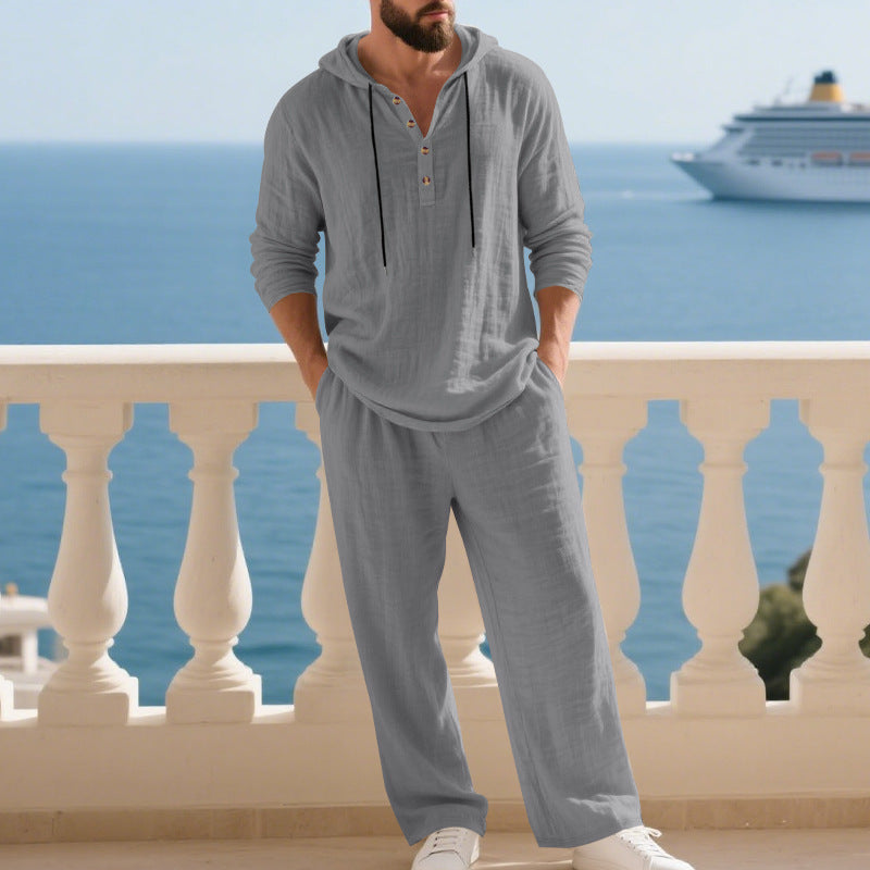 Mens Linen Hooded Sweatshirt and Pants Set