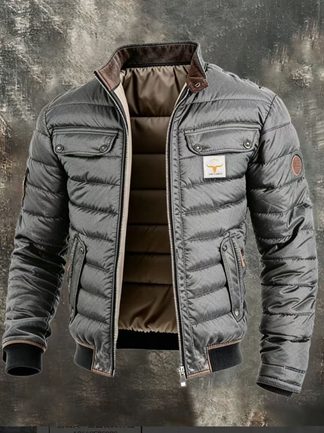 2026 Cross-Border Amazon Men's Vintage Leather Quilted Patchwork Warm Zipper Outdoor Jacket