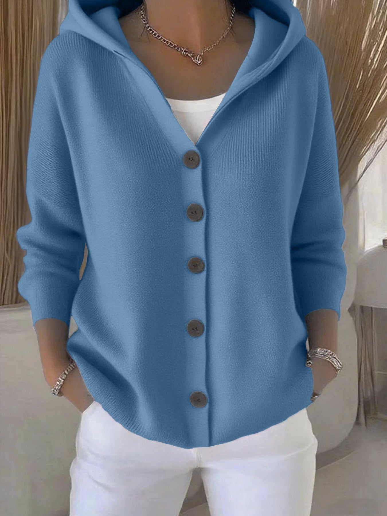 Women Hooded Knitted Cardigan Solid Color Loose Sweater Jacket