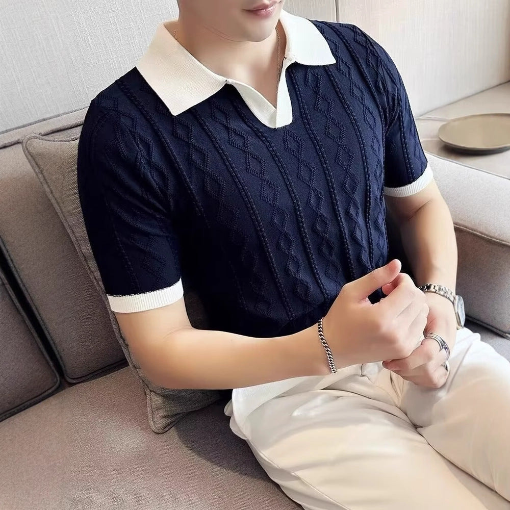 Lapel Polo Shirt Men Jacquard Contrast Color