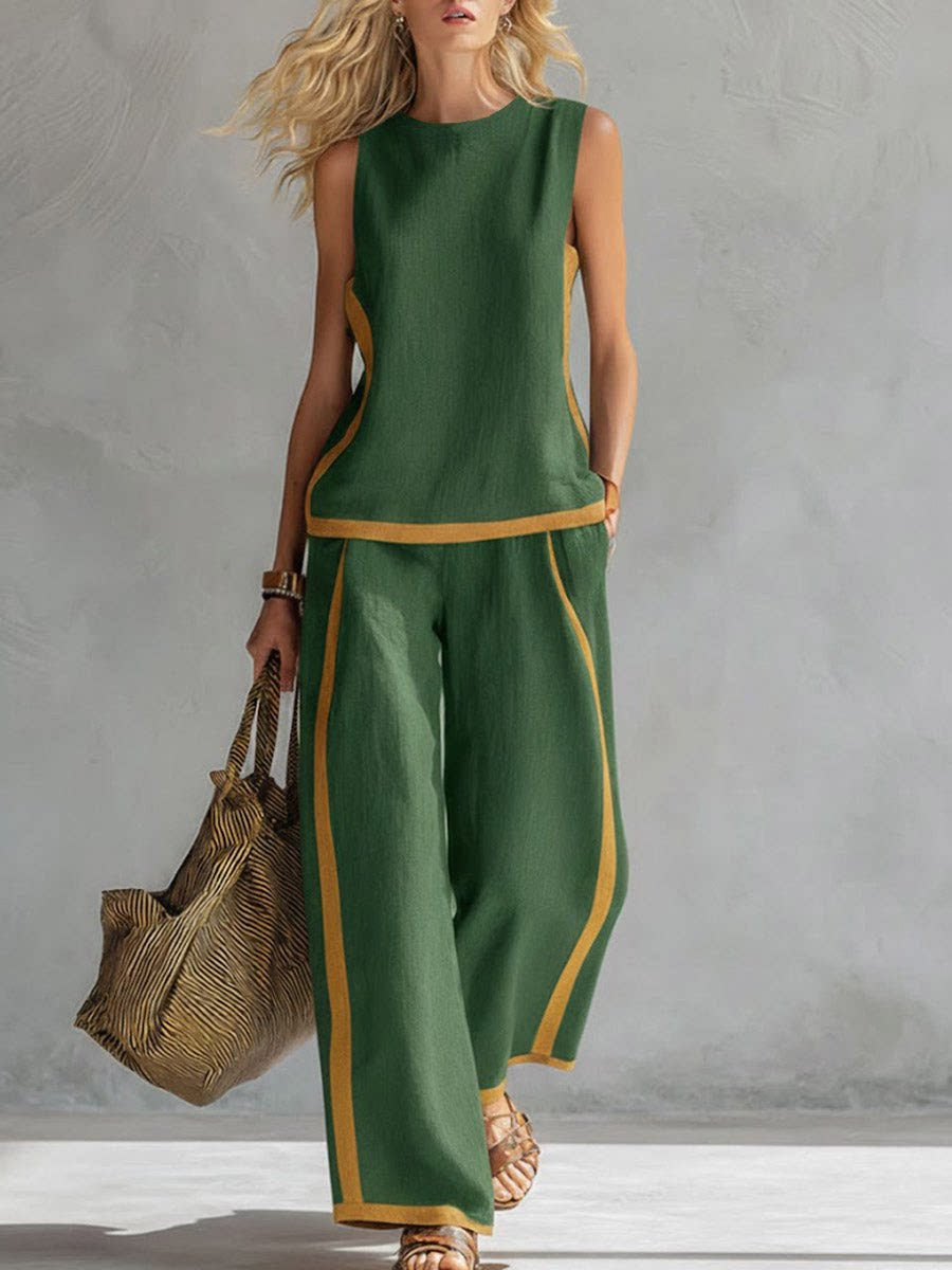 Sleeveless Color-Block Wide-Leg Pants