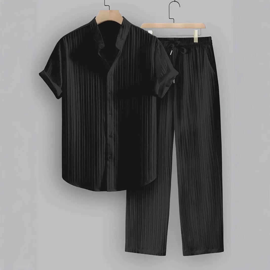 Men's Striped Short Sleeve Shirt and Drawstring Long Pants Casual Suit Set