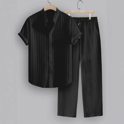 Men's Striped Short Sleeve Shirt and Drawstring Long Pants Casual Suit Set