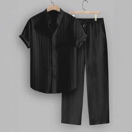 Men's Striped Short Sleeve Shirt and Drawstring Long Pants Casual Suit Set