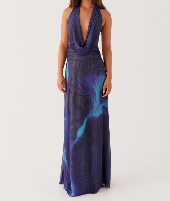 Fashion Printed Halter Neck High Waist Dress
