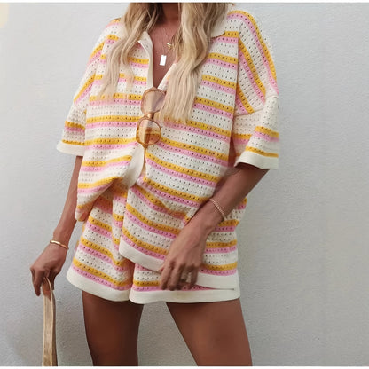 Lapel striped short-sleeved shirts and shorts