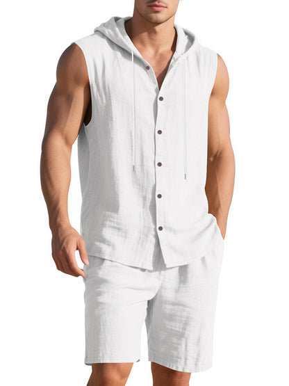 Men's Linen Hooded Vest and Shorts Set