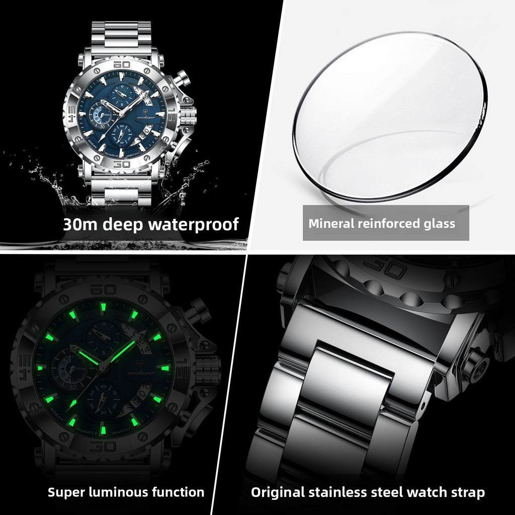 Multi-Function Quartz Watch with Stainless Steel Band