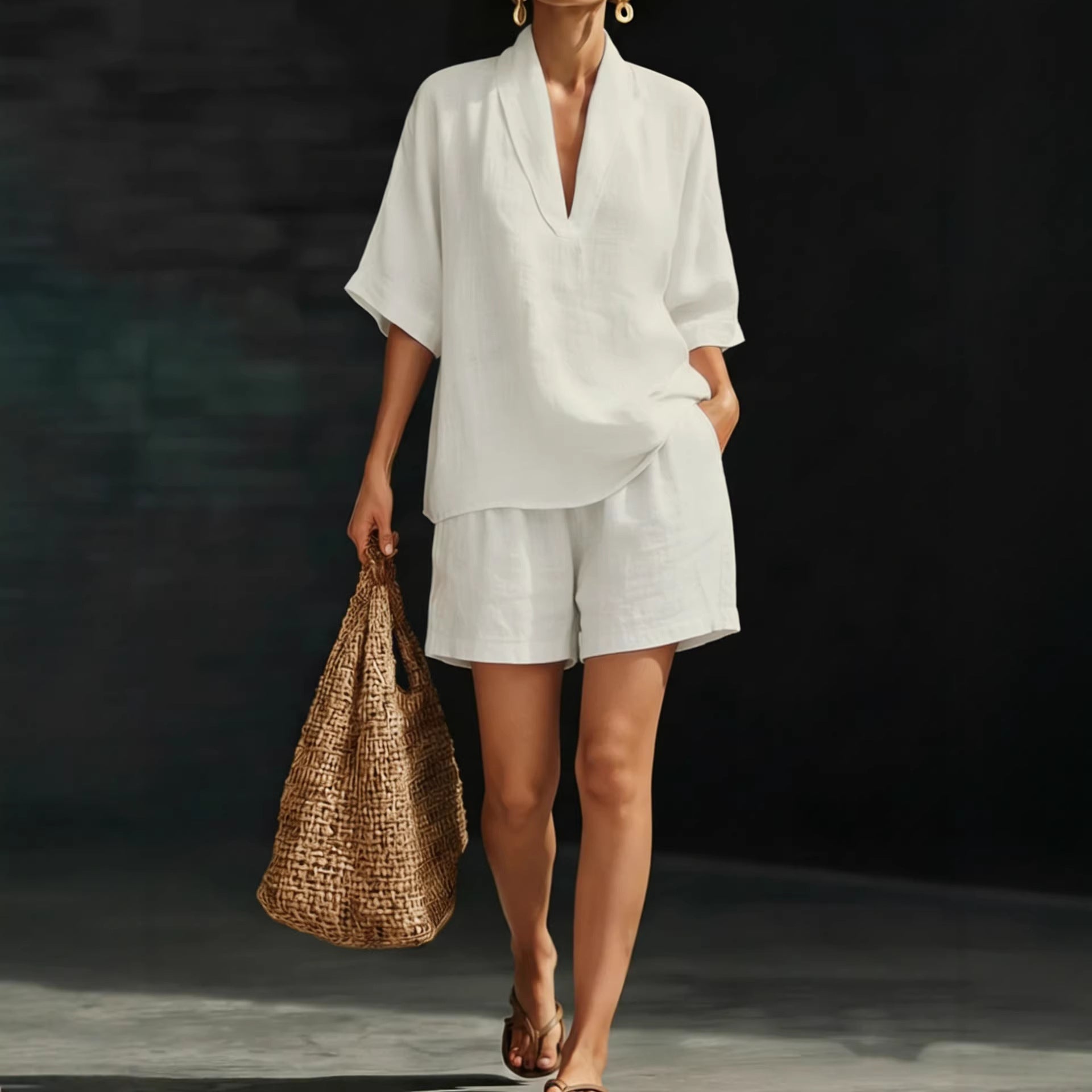 Womens V-Neck Short Sleeve Wide-Leg Pants Suit