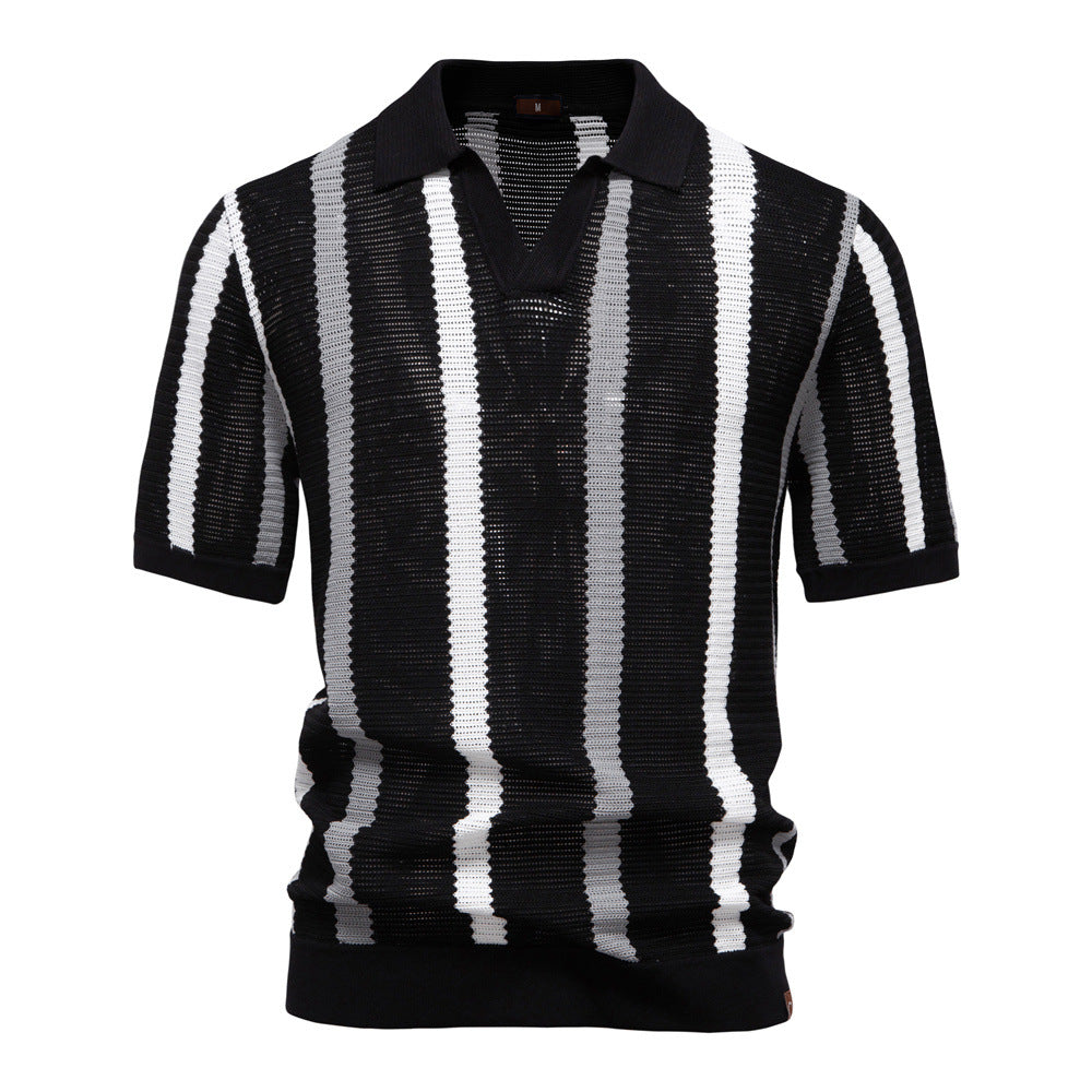 Breathable Striped Knitted Polo Shirt