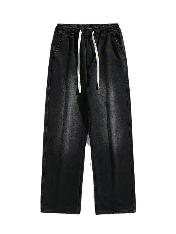 Mens Washed Denim Pants with Elastic Waist