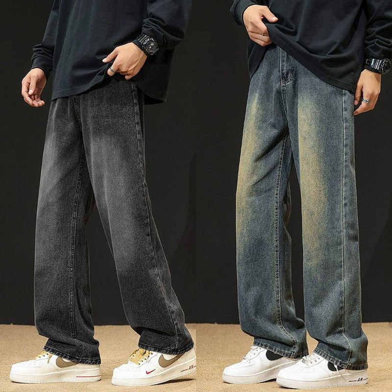 Mens Washed Denim Pants with Elastic Waist