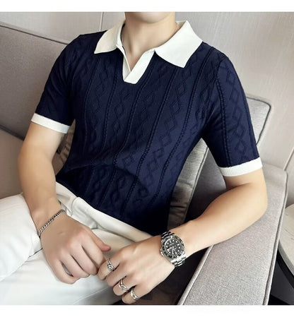 Lapel Polo Shirt Men Jacquard Contrast Color