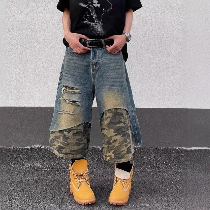Mens Washed Denim Shorts High Waist Cropped Distressed Style