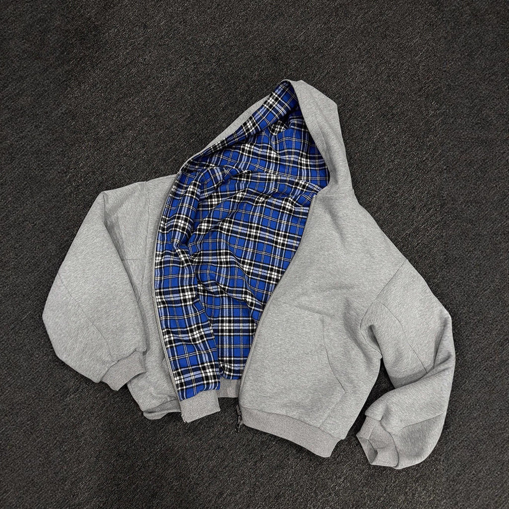 Reversible Plaid Zipper Hoodie Cardigan