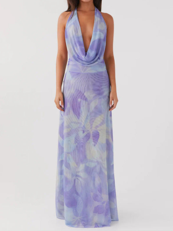 Fashion Printed Halter Neck High Waist Dress