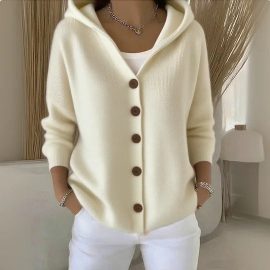 Women Hooded Knitted Cardigan Solid Color Loose Sweater Jacket