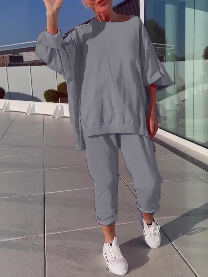 Women's Casual Long Sleeve Round Neck Top and Sports Pants Two-Piece Set