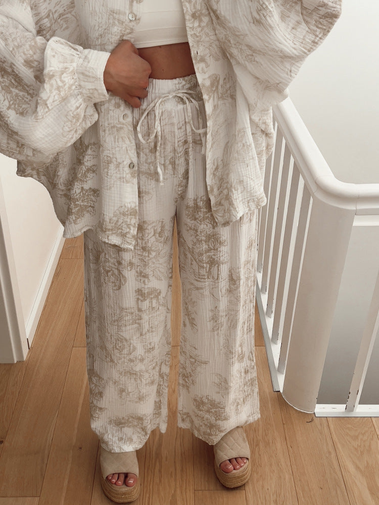 Womens Printed Long Sleeve Shirt and Trousers Set