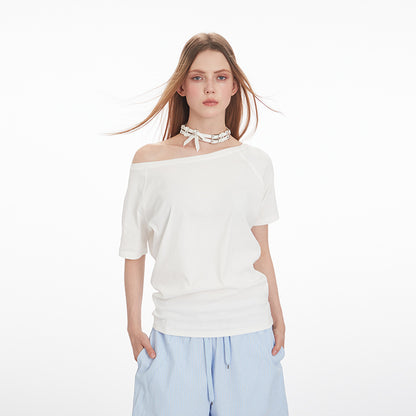 Irregular slanted collar off-the-shoulder short-sleeved shirts in summer