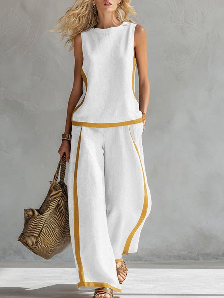 Sleeveless Color-Block Wide-Leg Pants