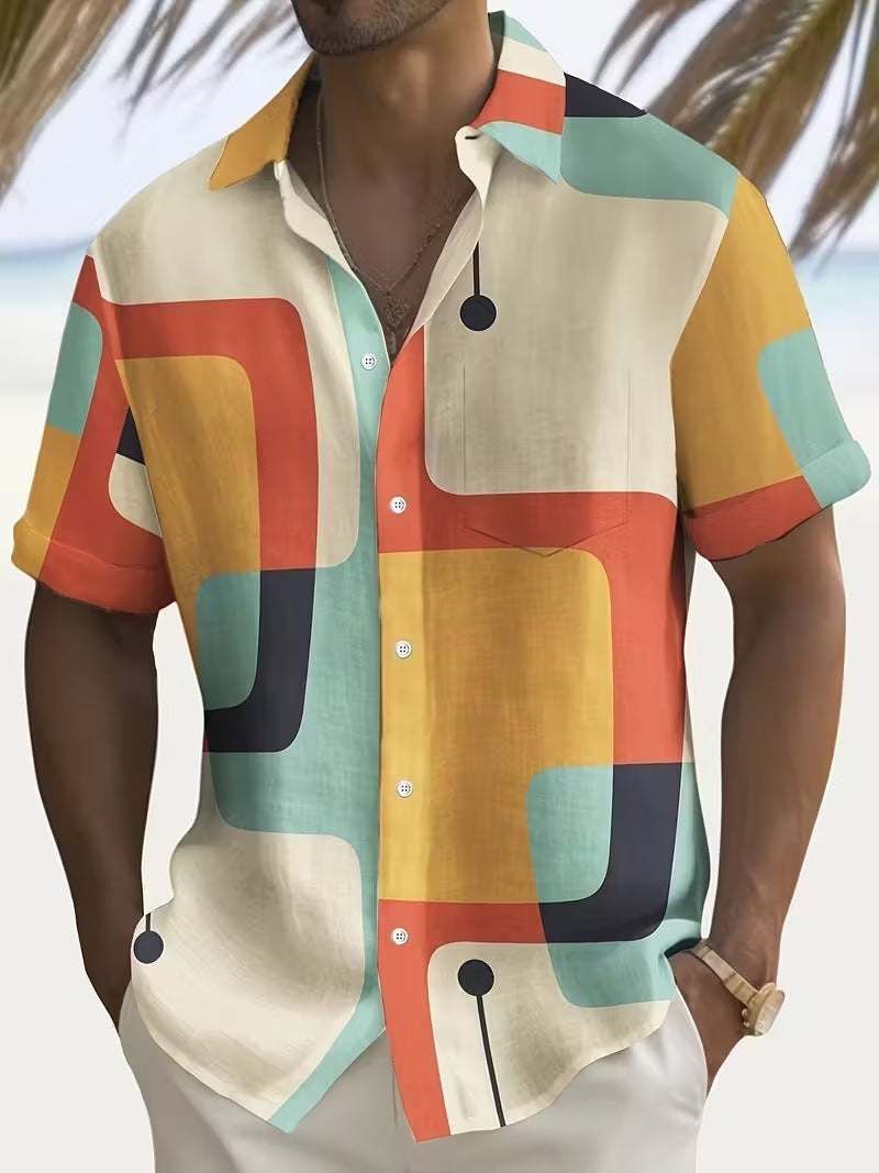 Summer European and American Printed Short-Sleeved Shirt Men's Loose Large Size Casual Lapel Shirt Top