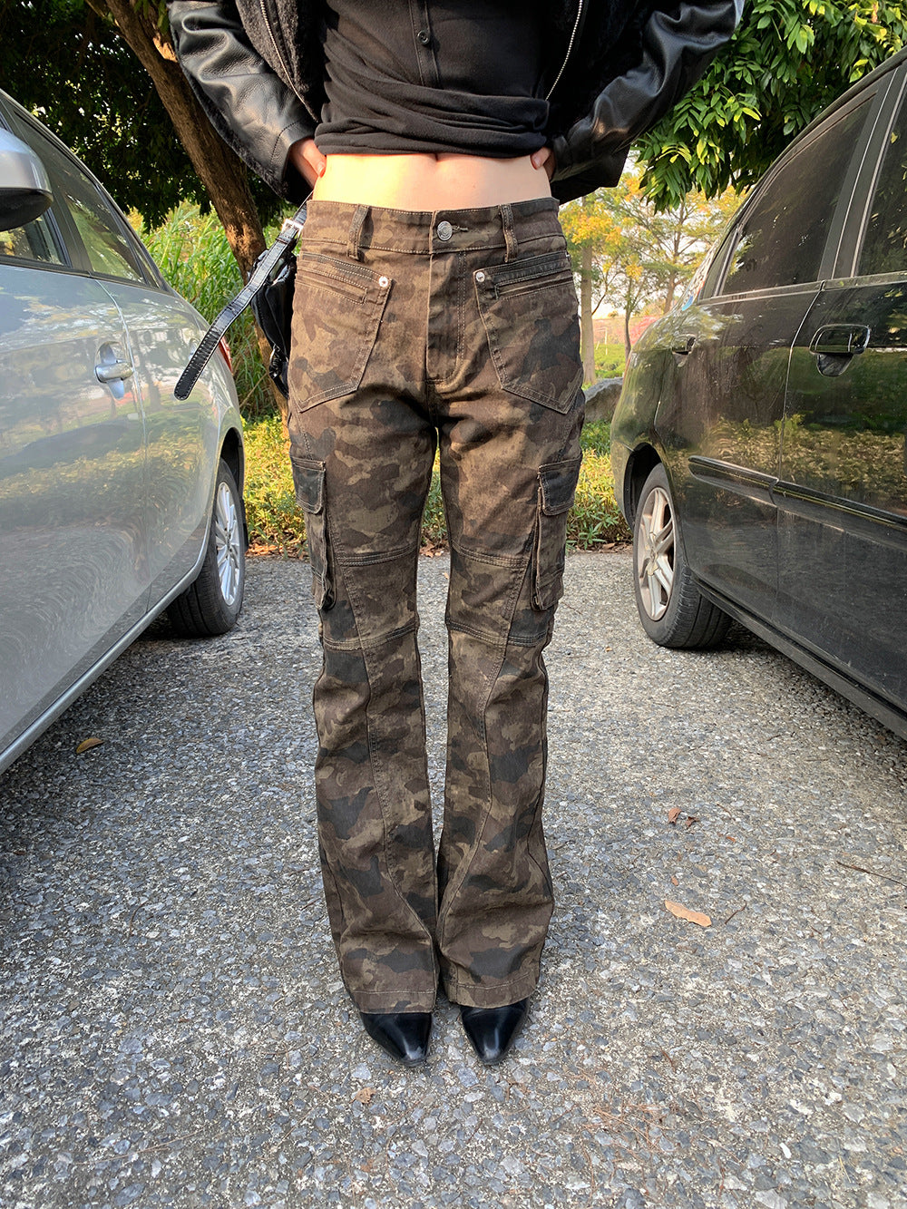 Versatile flared camouflage cargo pants for women