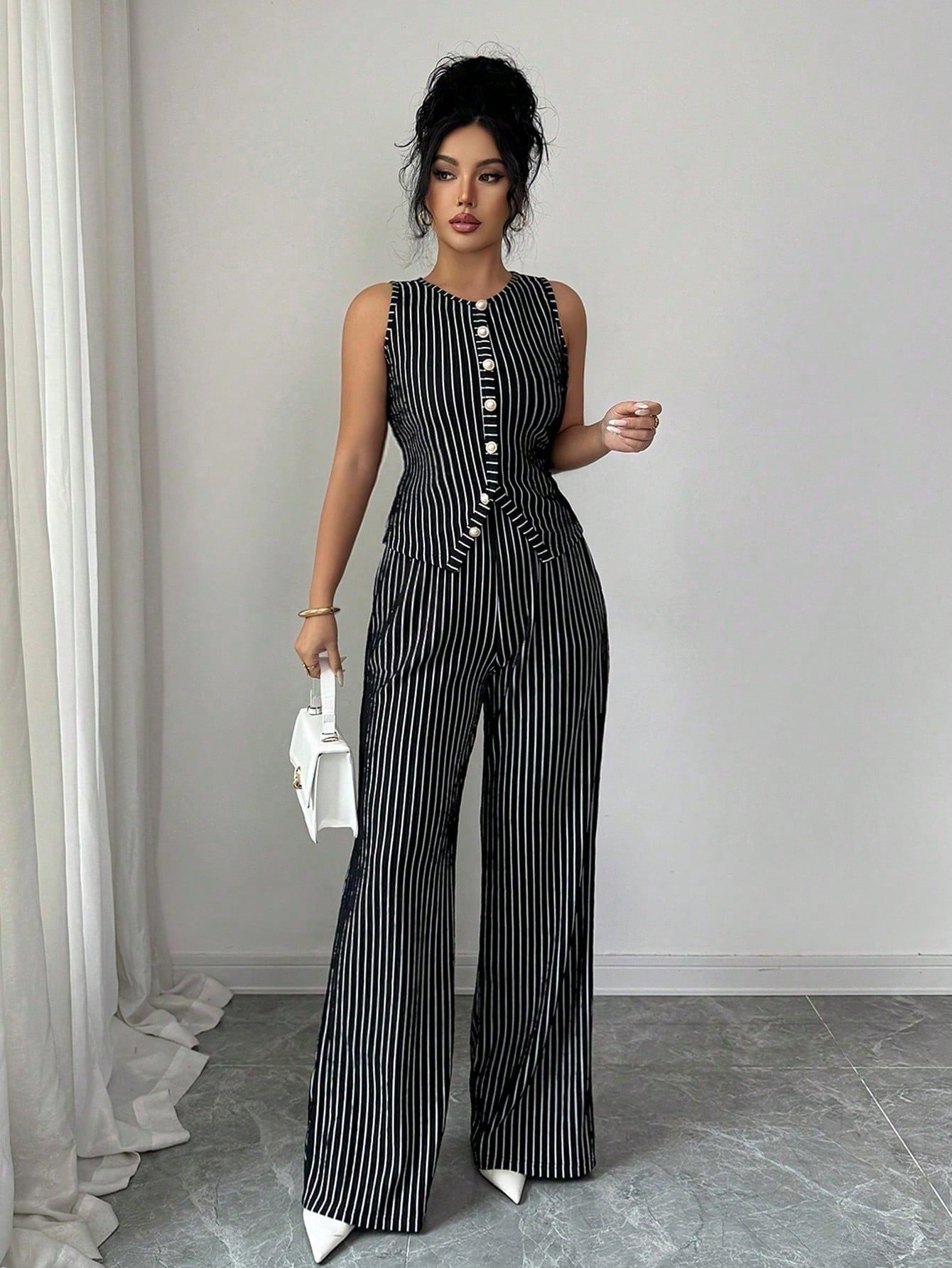 Womens Retro Striped Vest and Wide-Leg Pants Set