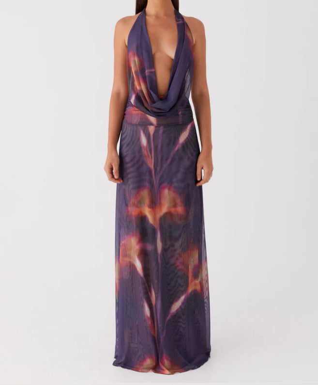 Fashion Printed Halter Neck High Waist Dress