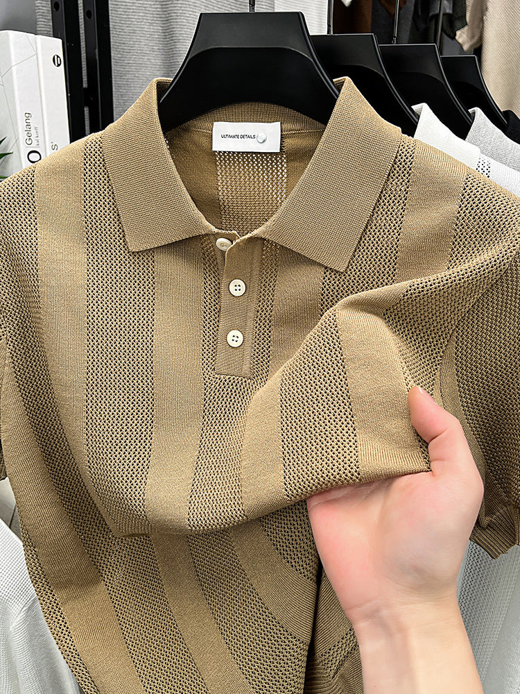 Mens Striped Knit Polo Shirt