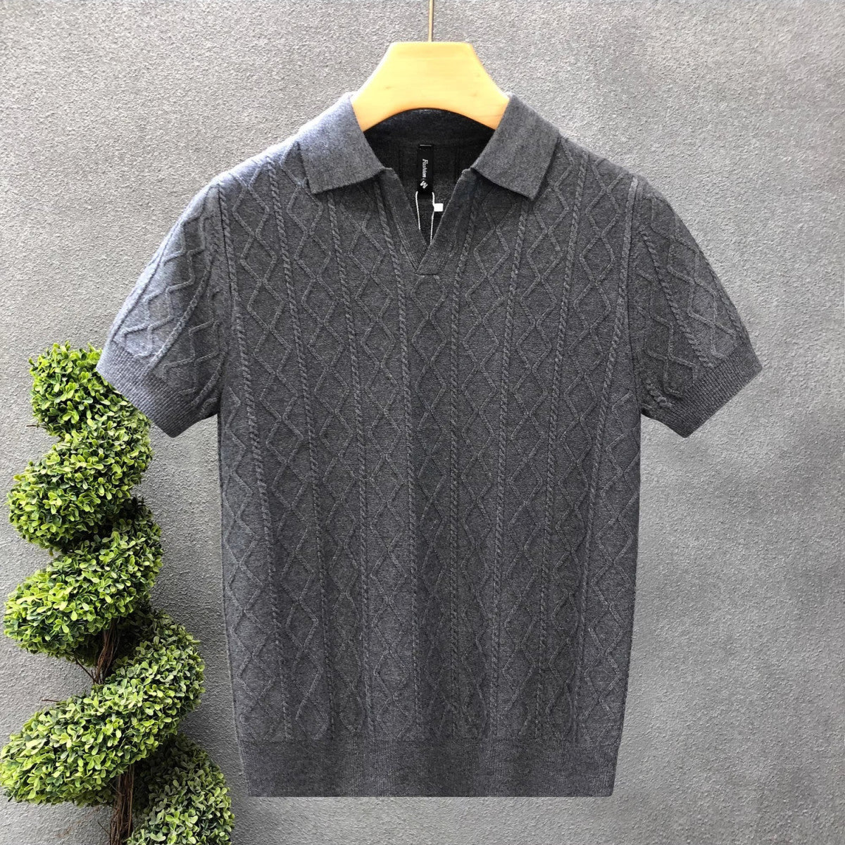 Mens Textured V-Neck Polo Shirt