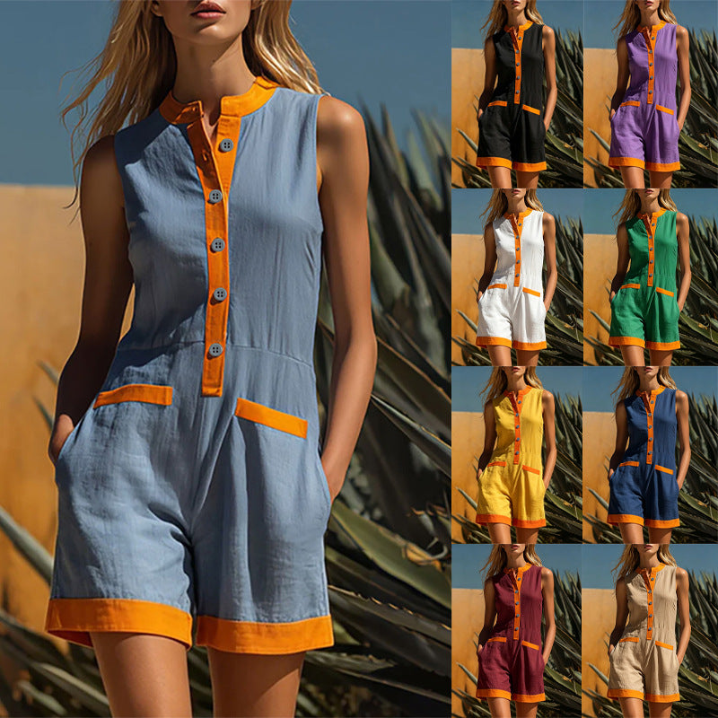 Patchwork Jumpsuit with Stand-up Collar, Sleeveless, Loose-Fit Vacation-Style Shorts