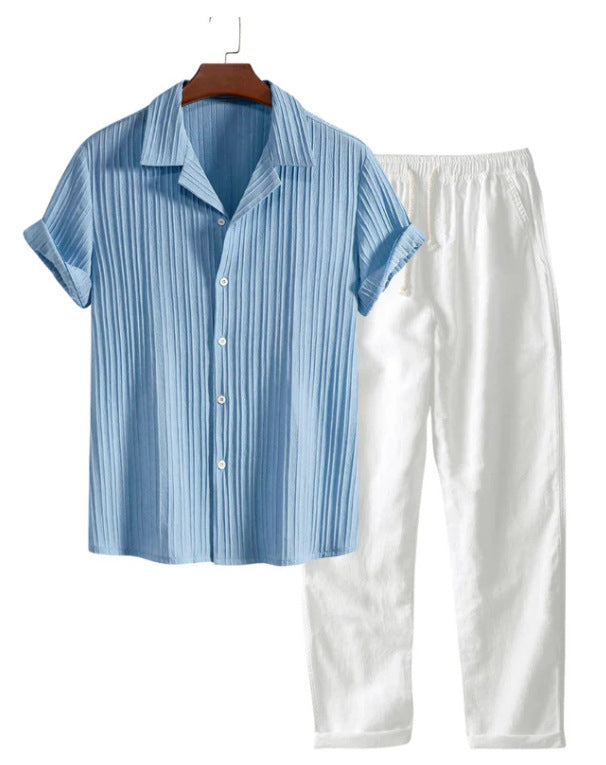 Mens Casual Short Sleeve Shirt and Long Pants Set