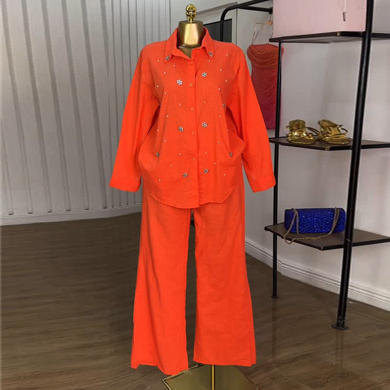 Women Sweet Fresh Beaded Shirt High Waisted Pants Set
