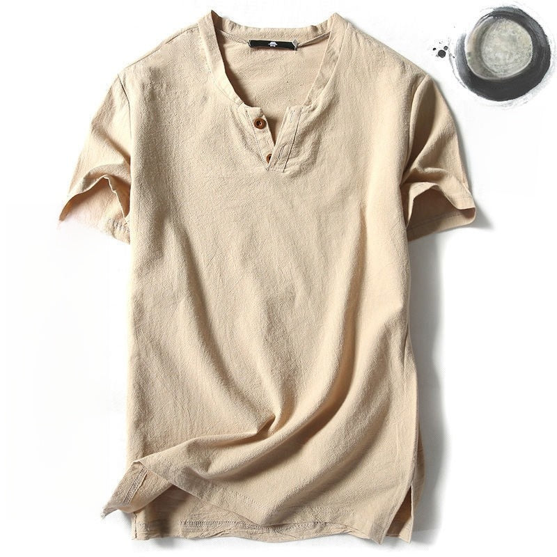 Mens Cotton Linen V-neck T-shirt