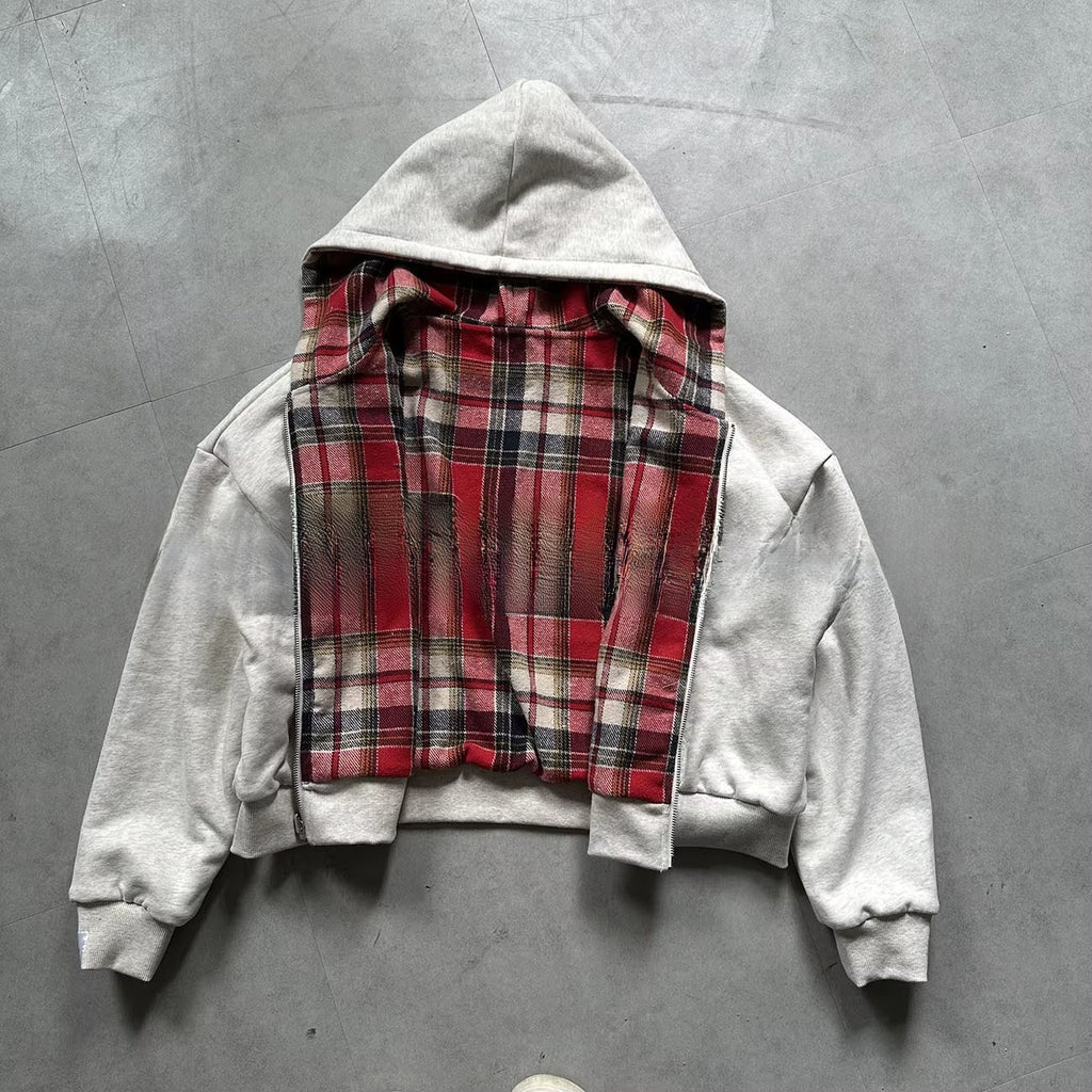 Retro Plaid Hooded Zip-Up Sweatshirt Jacket