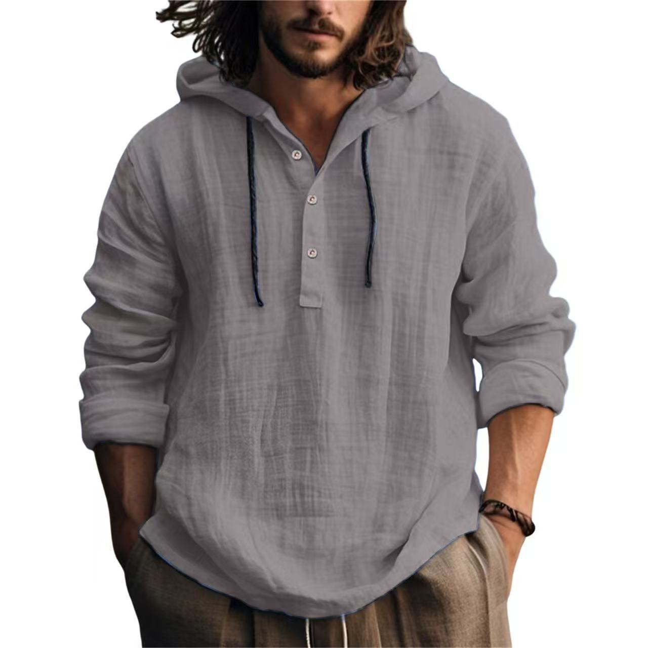 Cross-Border Summer Cotton and Linen Men's Hooded Shirt Long-Sleeved Casual Top Solid Color Breathable Thin Beach Men's T-Shirt
