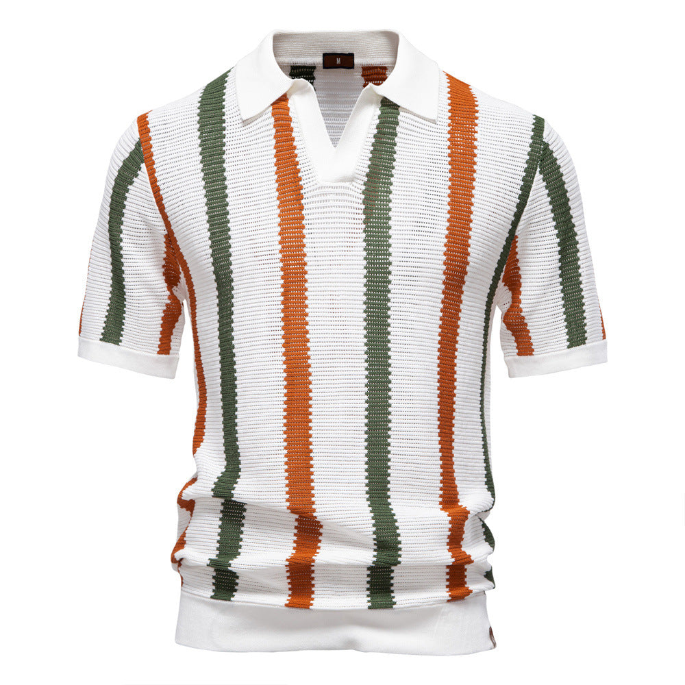 Breathable Striped Knitted Polo Shirt