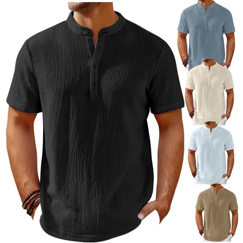 Mens Retro Cotton Linen Striped Henley Shirt